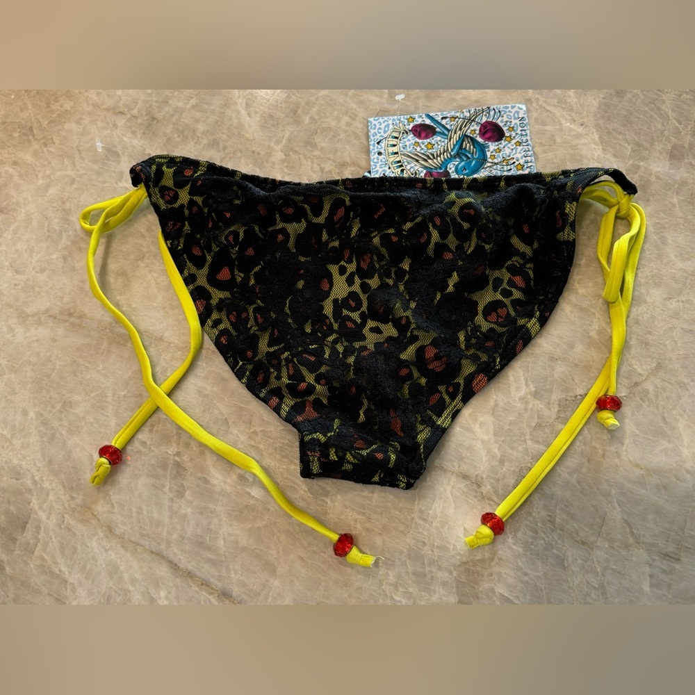 NWT Sinful By Affliction Solar Bikini Bottom Lace‎ over Leopard Yellow & Orange - Picture 7 of 8